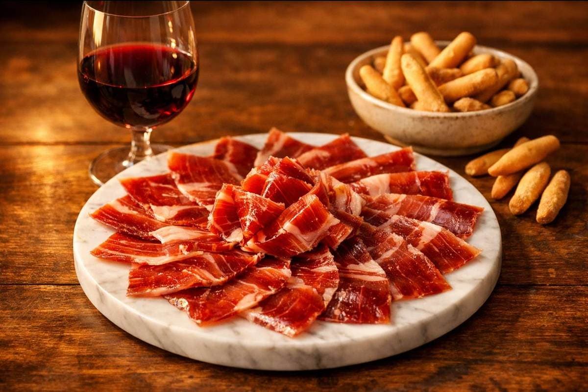 Jamón Ibérico de Bellota sliced on marble with red wine