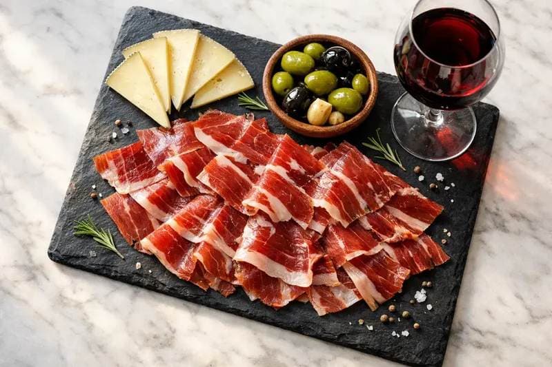 Spanish tapas board with Jamón, cheese, olives and Rioja wine